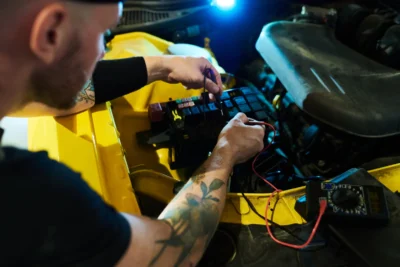 Mobile mechanic carrying out a technical inspection on a vehicle