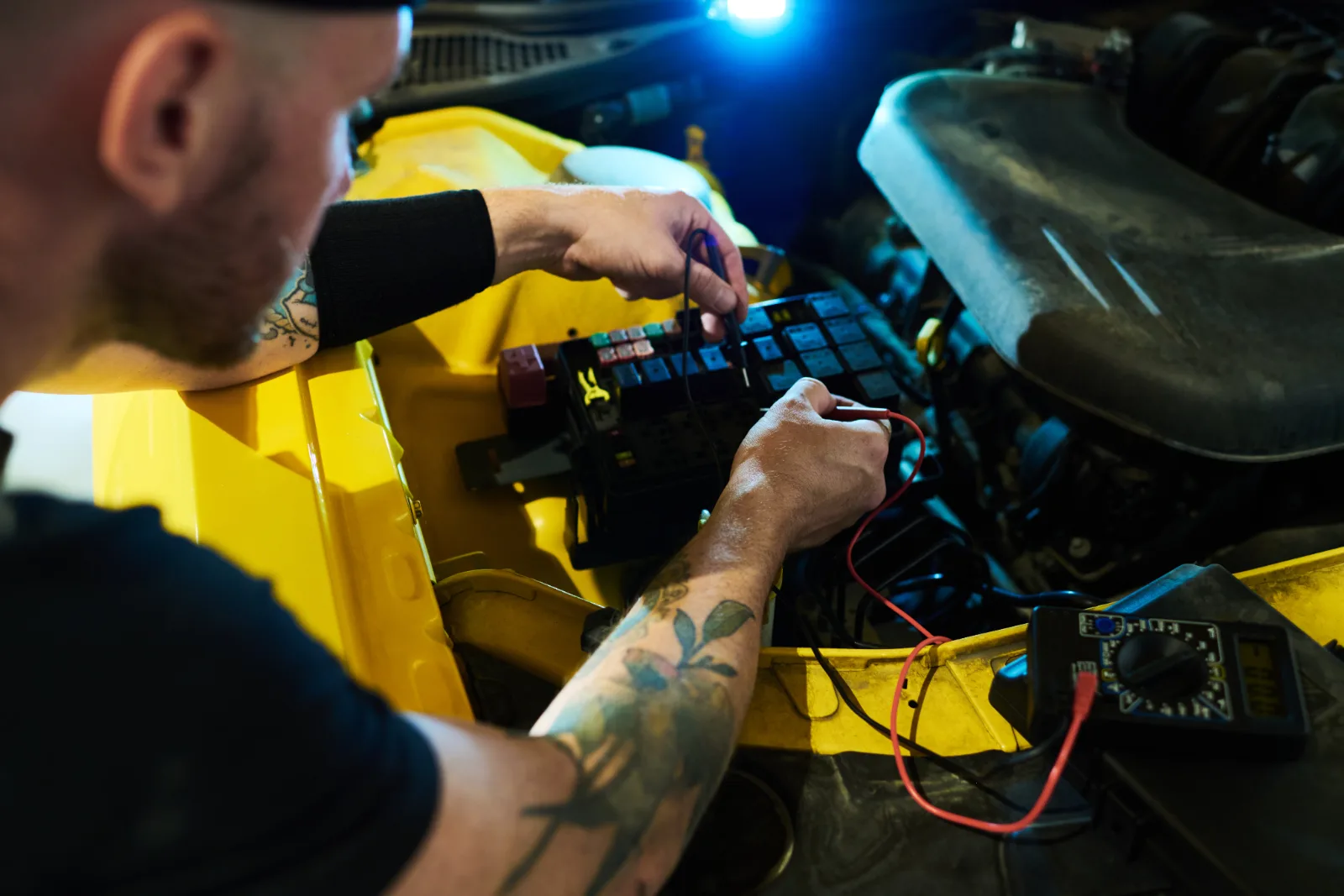 Mobile mechanic carrying out a technical inspection on a vehicle